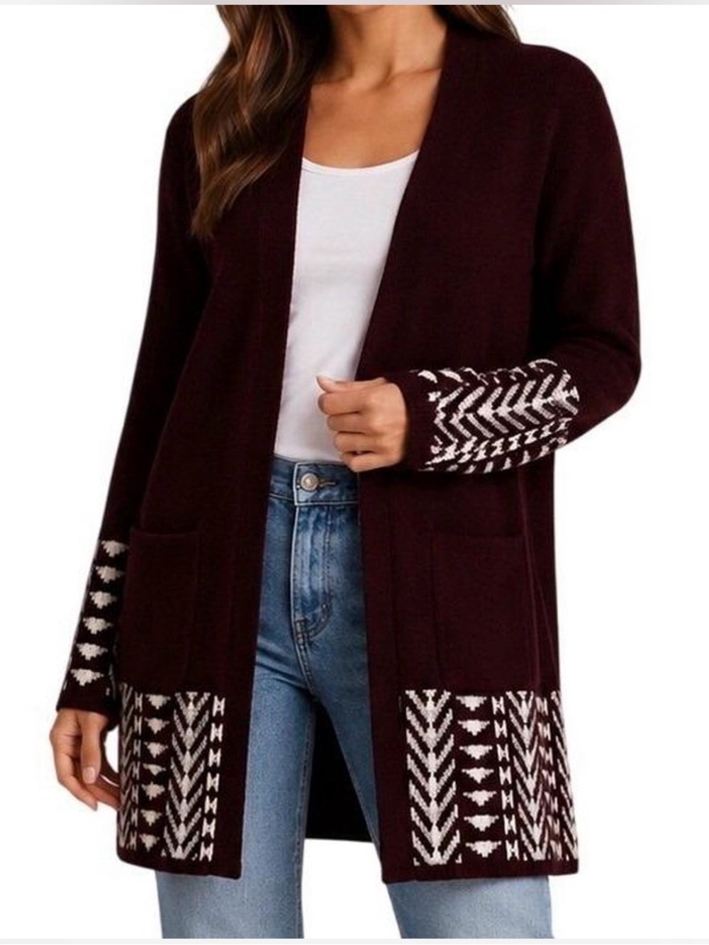 Frye Women's The Cozy Western Edit Cardigan Dark Red (Oxblood Combo) Sz Small